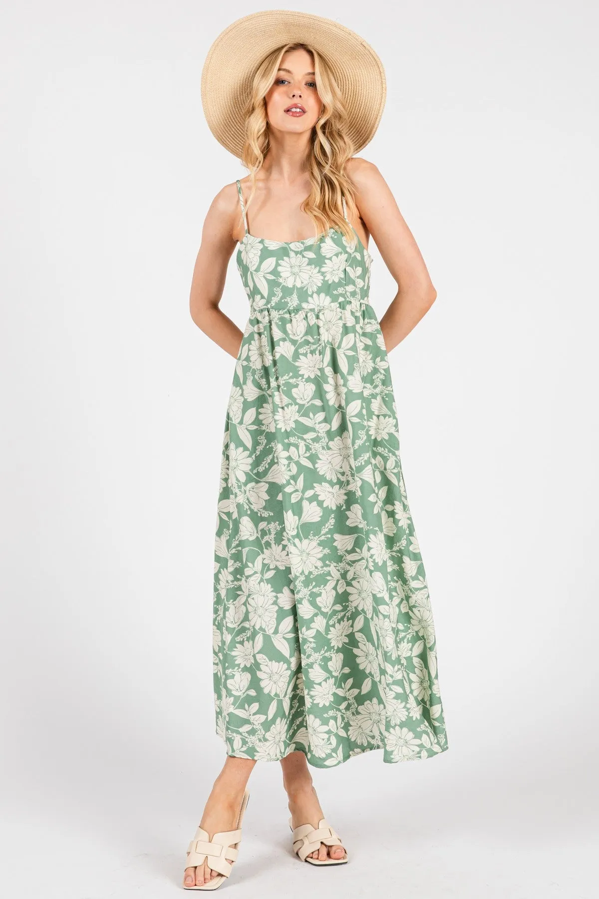 Light Olive Floral Sleeveless Midi Dress sold by Pinkblush