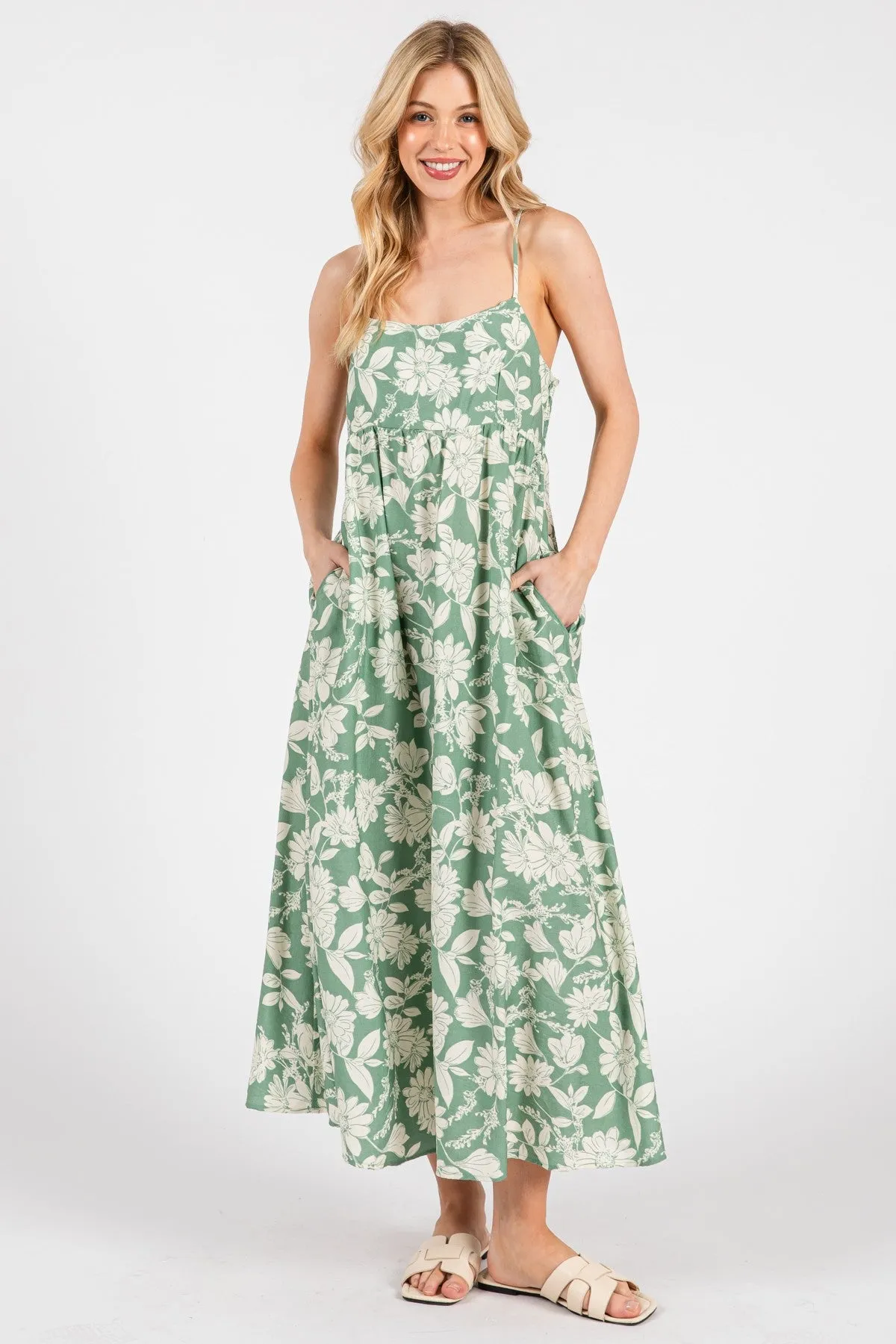 Light Olive Floral Sleeveless Midi Dress sold by Pinkblush product image thumbnail 2