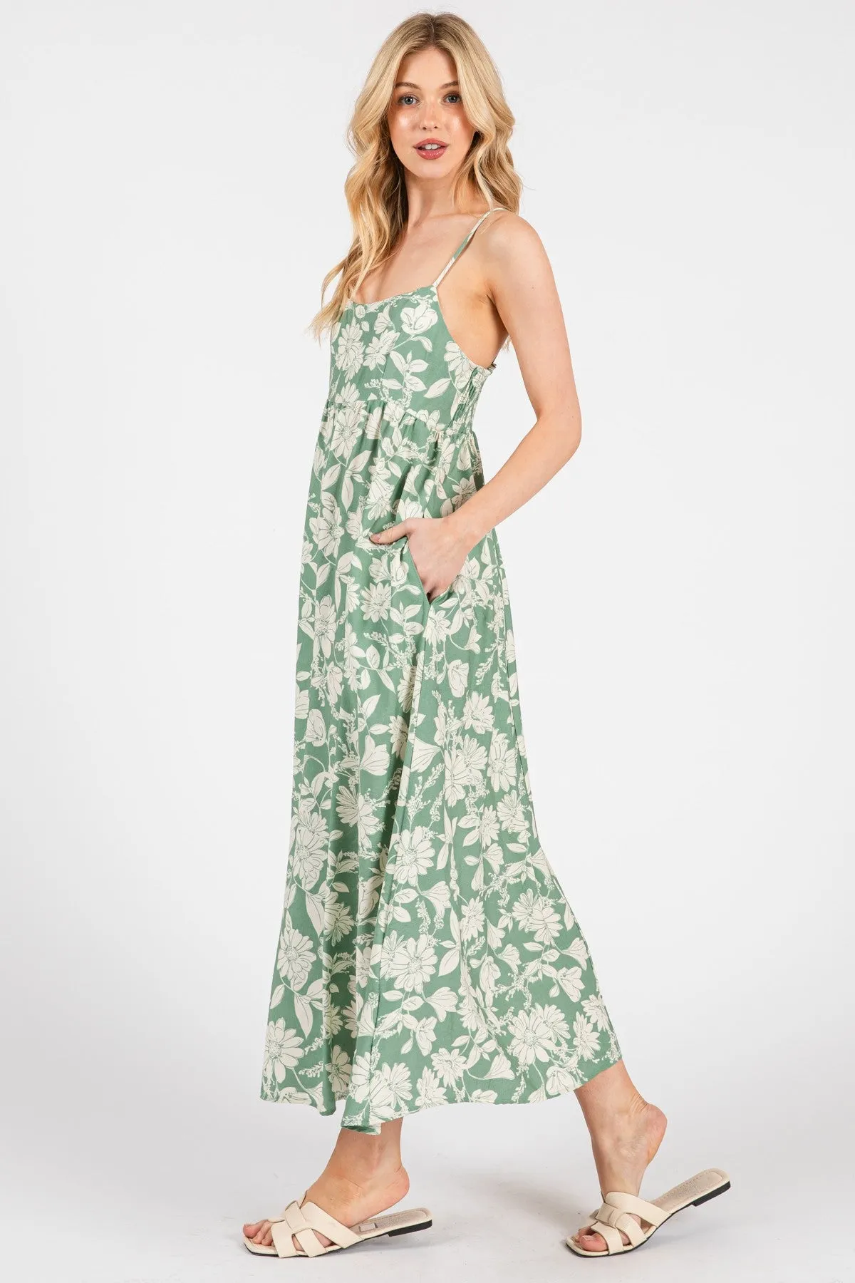 Light Olive Floral Sleeveless Midi Dress sold by Pinkblush product image thumbnail 3