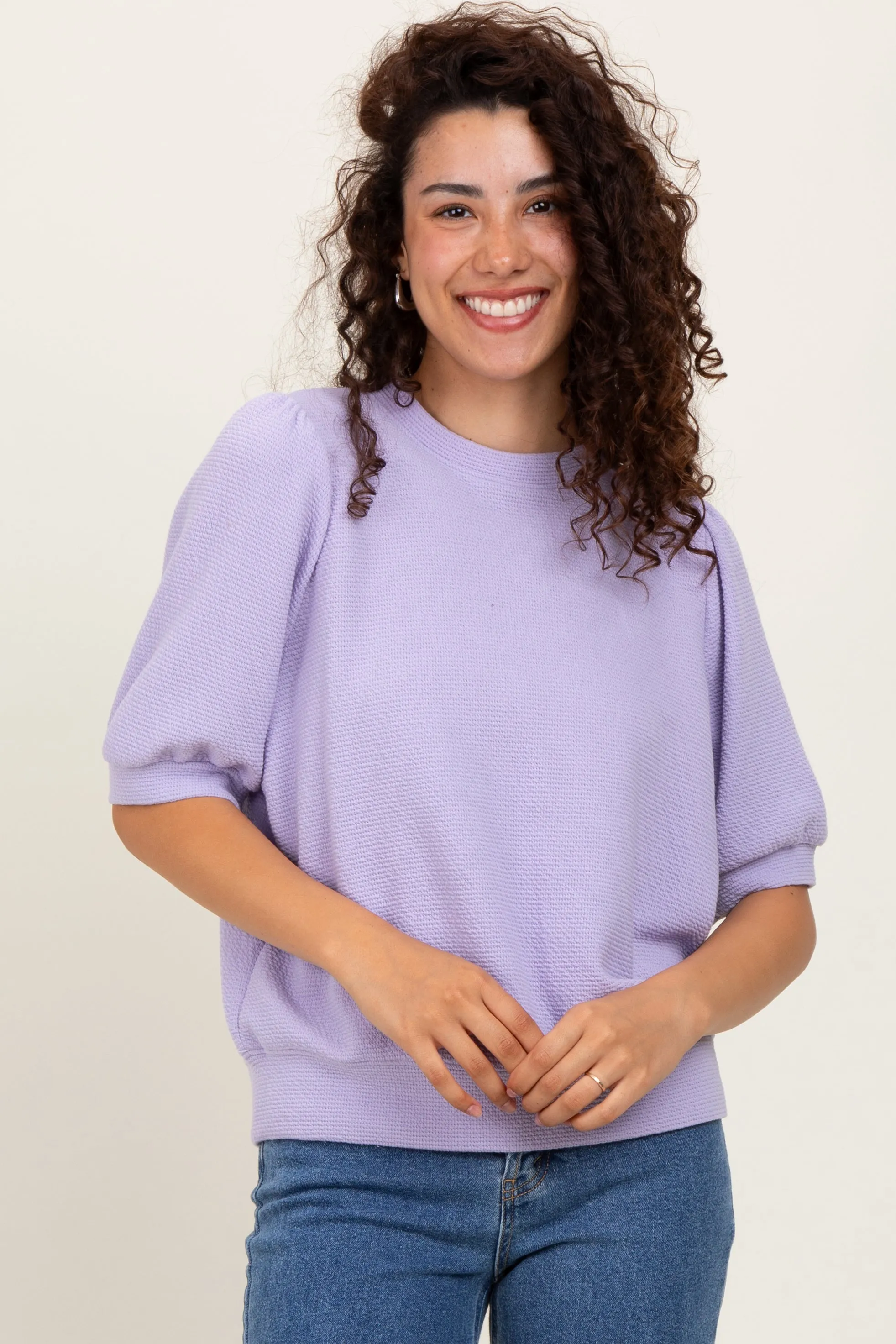 Lavender Knit Puff Sleeve Top sold by Pinkblush