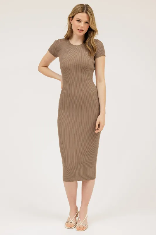 Mocha Short Sleeve Rib Knit Midi Dress sold by Pinkblush