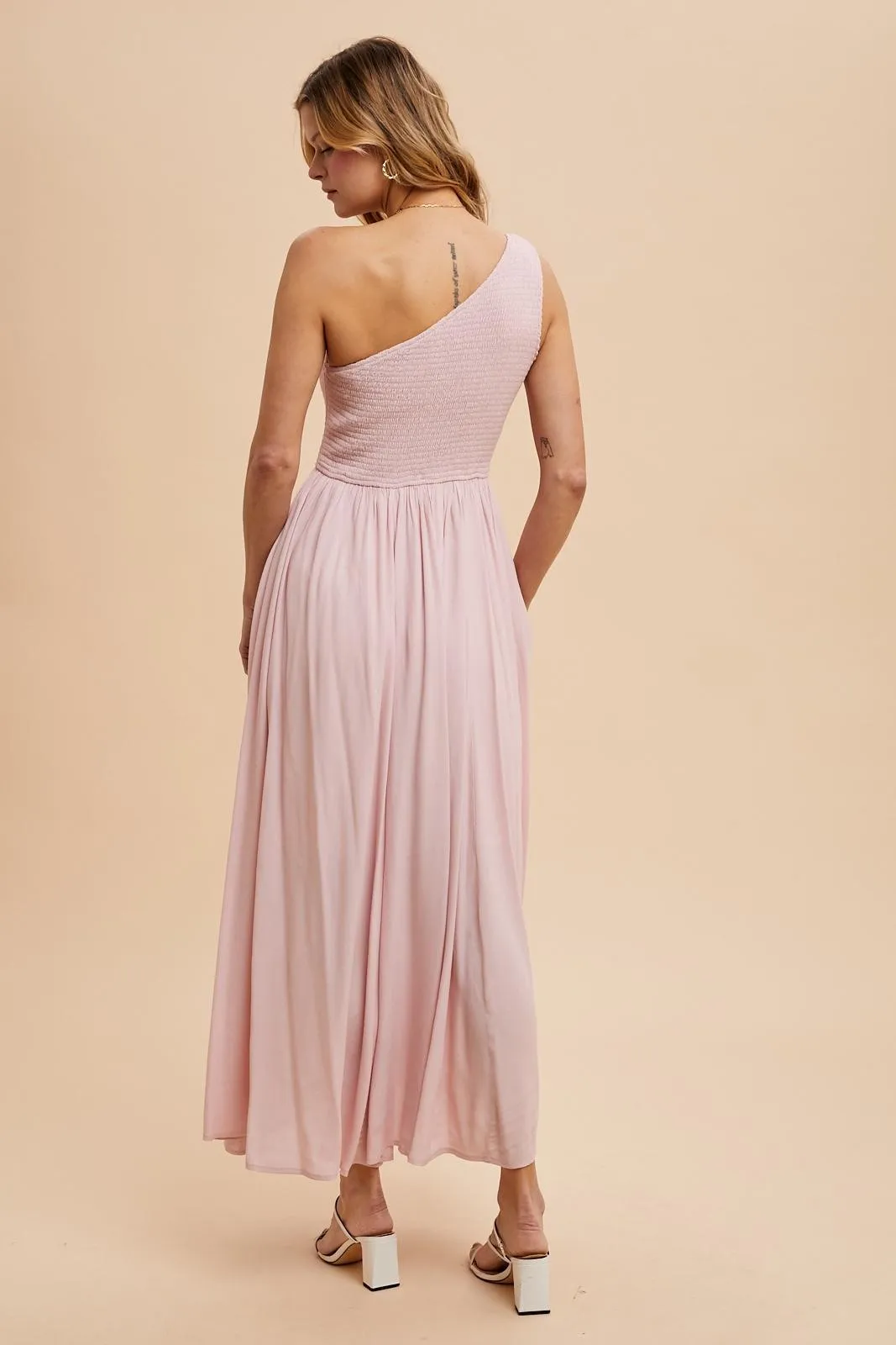 Light Pink Smocked One Shoulder Maxi Dress sold by Pinkblush product image thumbnail 5