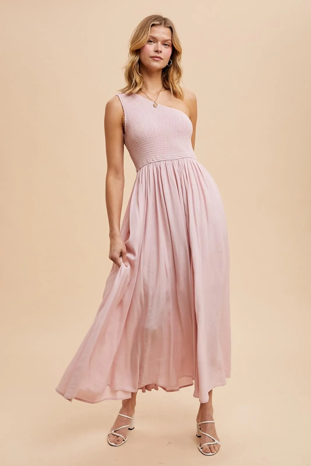 Light Pink Smocked One Shoulder Maxi Dress sold by Pinkblush product image thumbnail 2