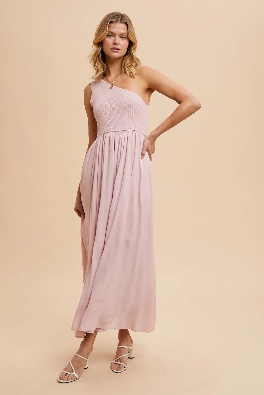 Light Pink Smocked One Shoulder Maxi Dress sold by Pinkblush product image thumbnail 3