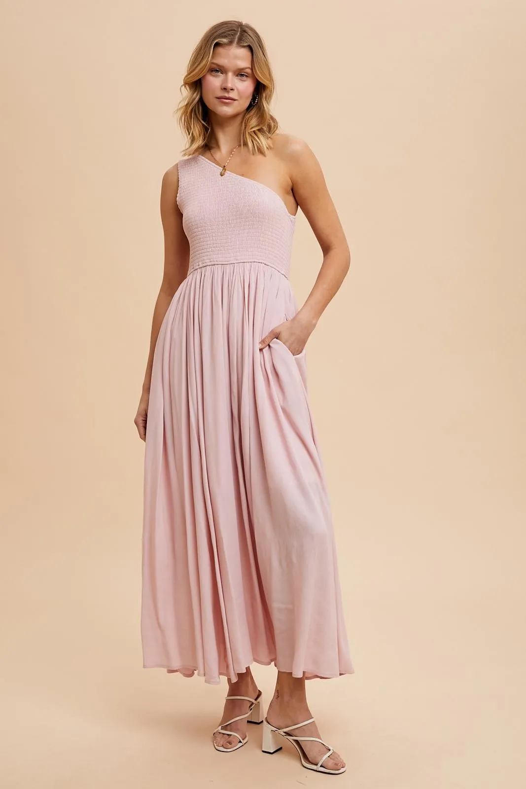 Light Pink Smocked One Shoulder Maxi Dress sold by Pinkblush