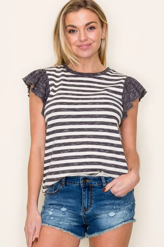 Charcoal Ribbed Striped Flutter Sleeve Top sold by Pinkblush