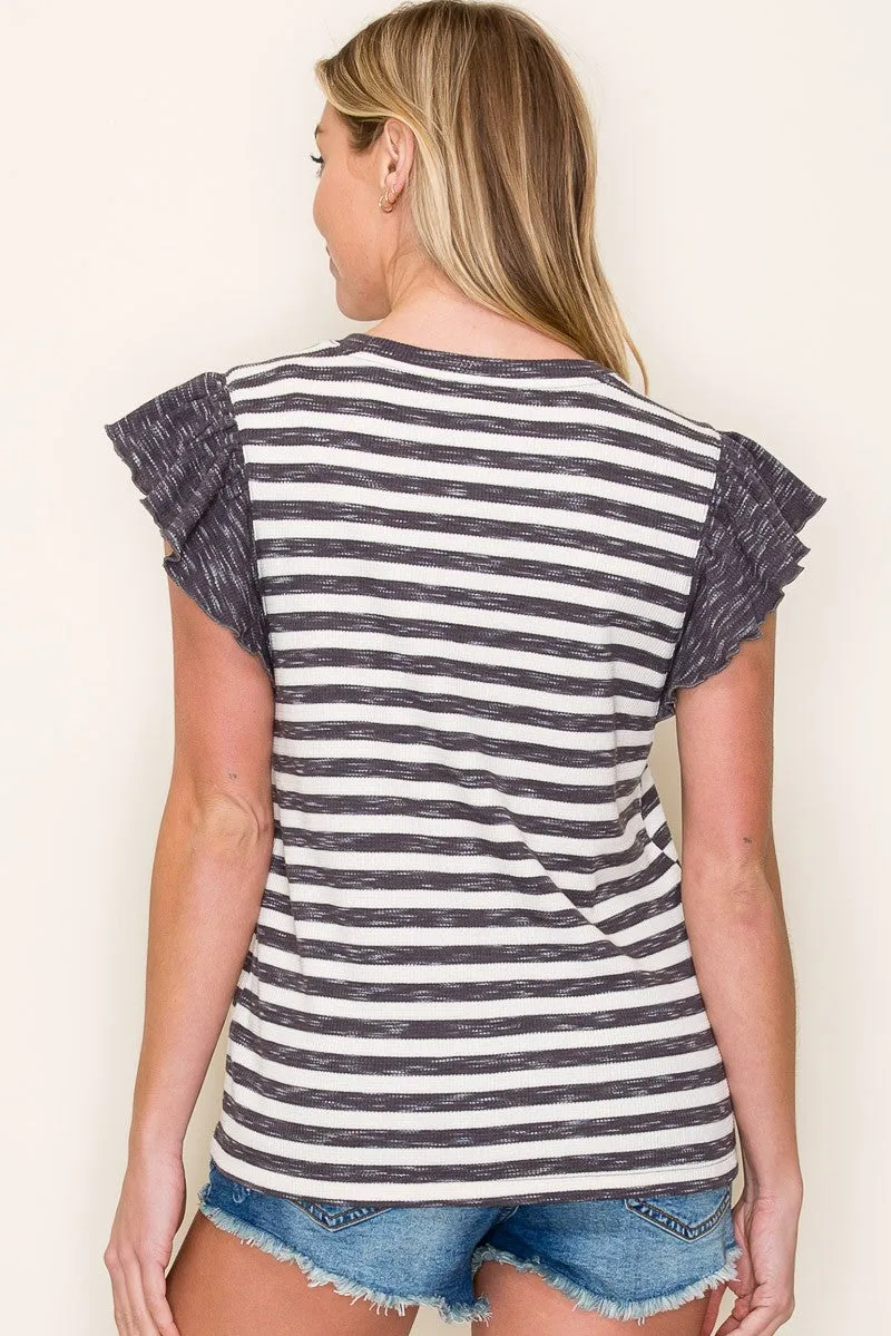 Charcoal Ribbed Striped Flutter Sleeve Top sold by Pinkblush product image thumbnail 3