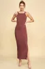 Rust Ribbed Fitted Side Slit Midi Dress sold by Pinkblush