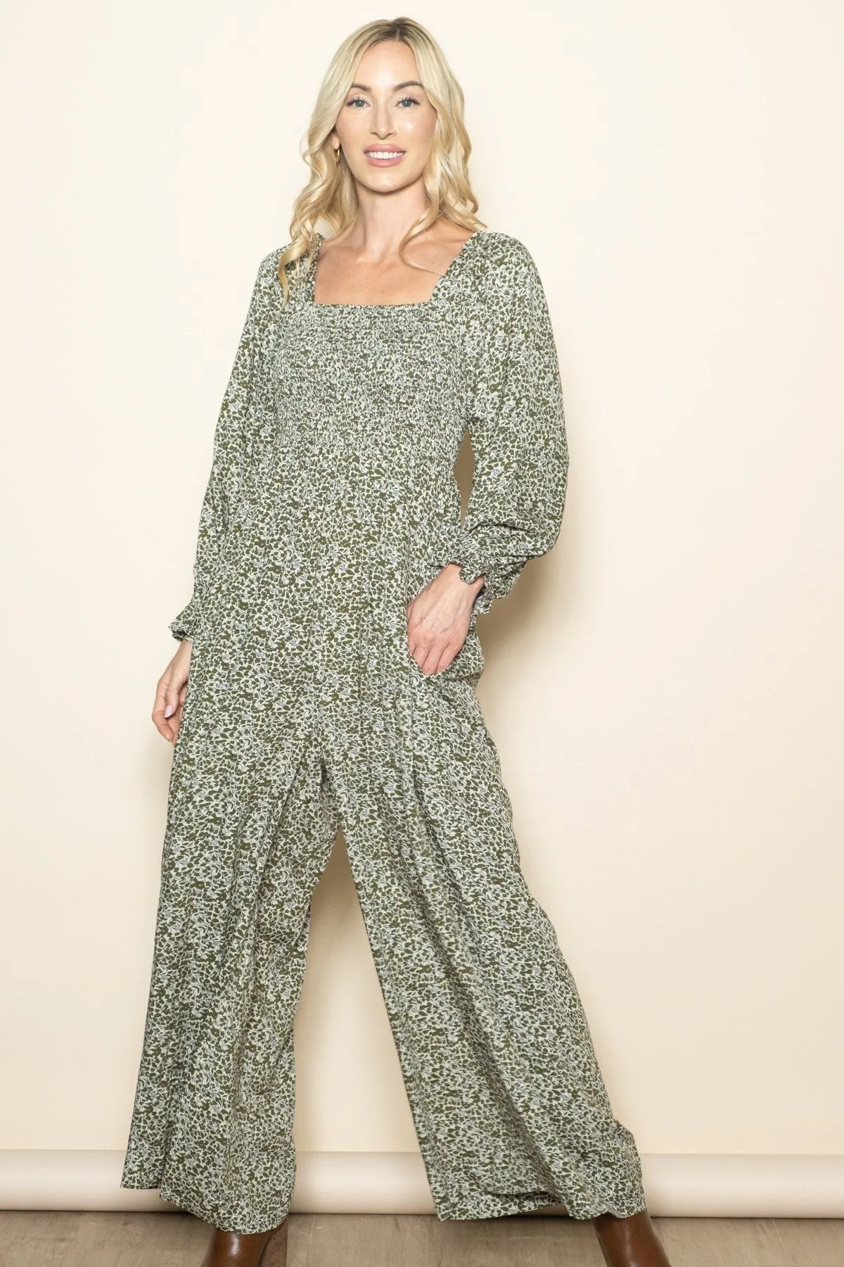 Olive Floral Long Sleeve Wide Leg Jumpsuit sold by Pinkblush product image thumbnail 2