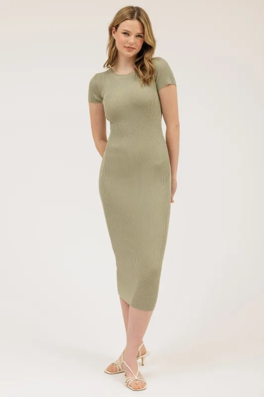 Light Olive Short Sleeve Rib Knit Midi Dress sold by Pinkblush