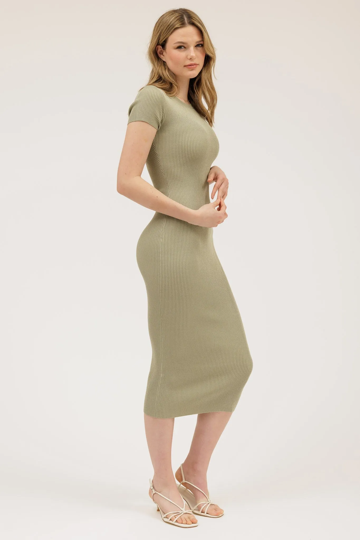 Light Olive Short Sleeve Rib Knit Midi Dress sold by Pinkblush product image thumbnail 2