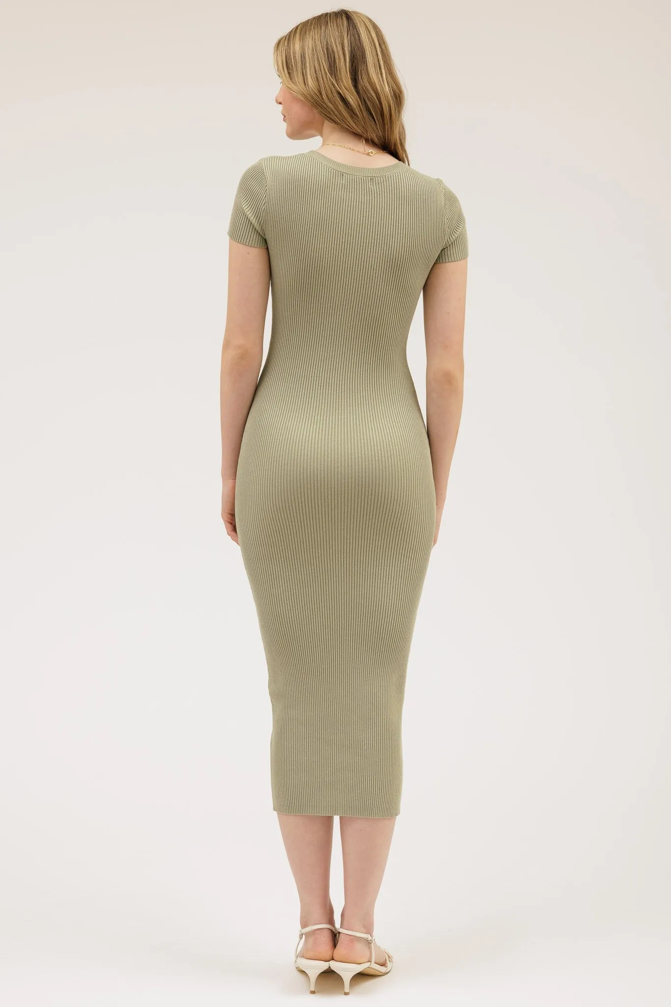 Light Olive Short Sleeve Rib Knit Midi Dress sold by Pinkblush product image thumbnail 3