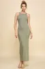 Light Olive Ribbed Fitted Side Slit Midi Dress sold by Pinkblush