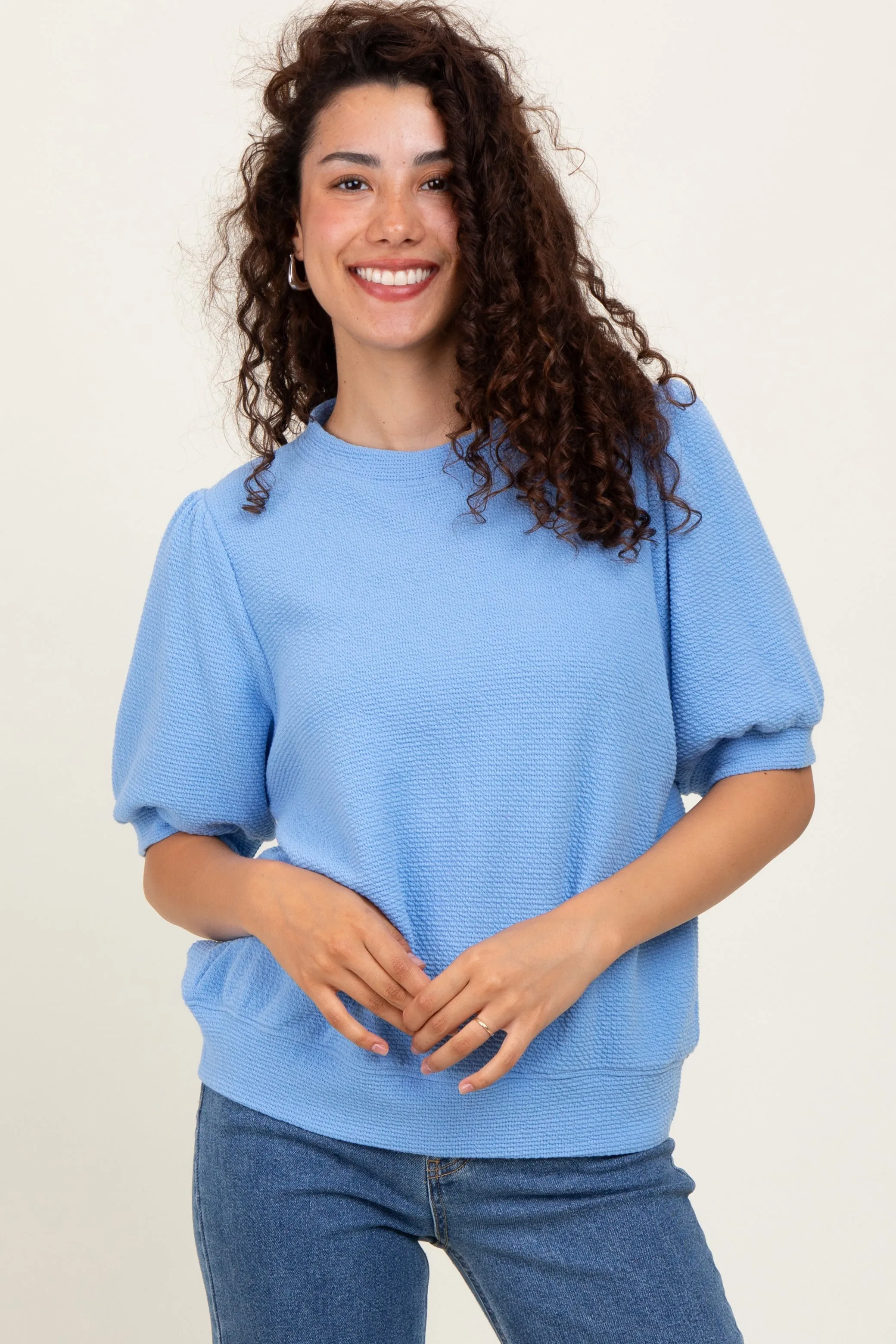 Blue Knit Puff Sleeve Top sold by Pinkblush