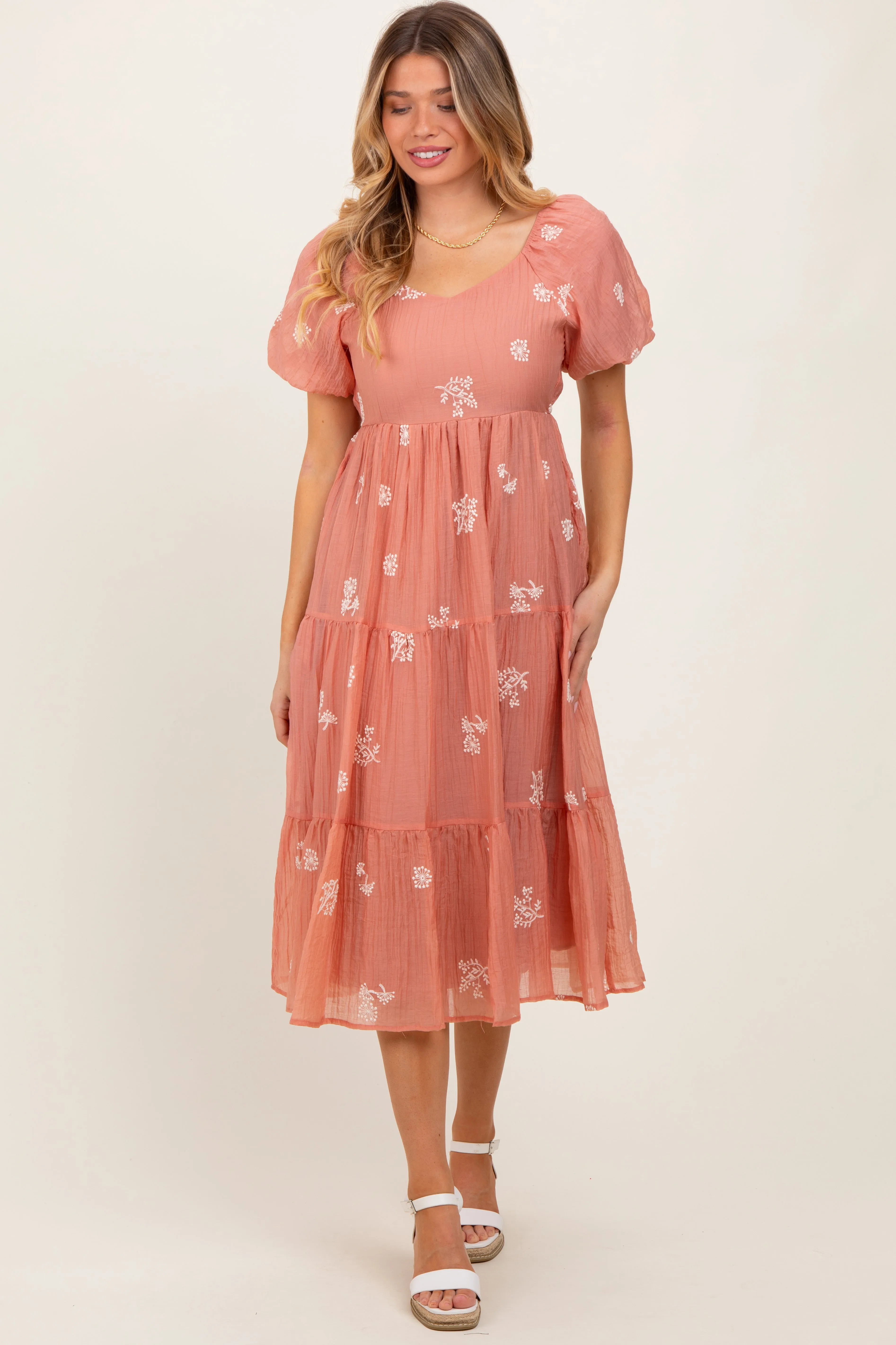 Light Pink Floral Embroidered Tiered Midi Dress sold by Pinkblush