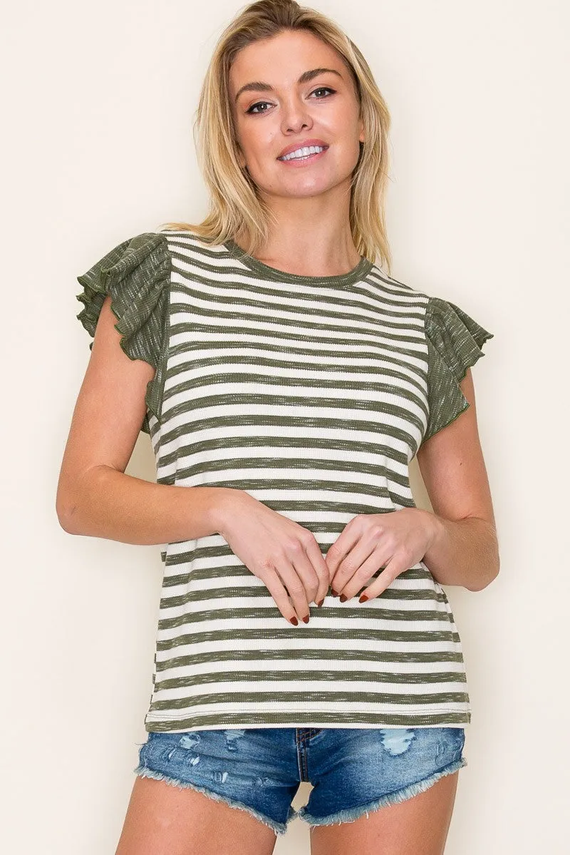 Olive Ribbed Striped Flutter Sleeve Top sold by Pinkblush product image thumbnail 2