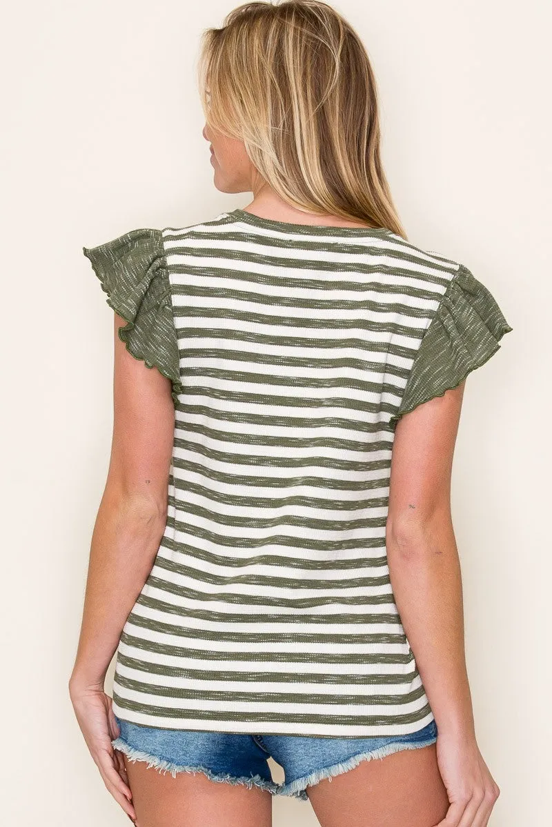 Olive Ribbed Striped Flutter Sleeve Top sold by Pinkblush product image thumbnail 3