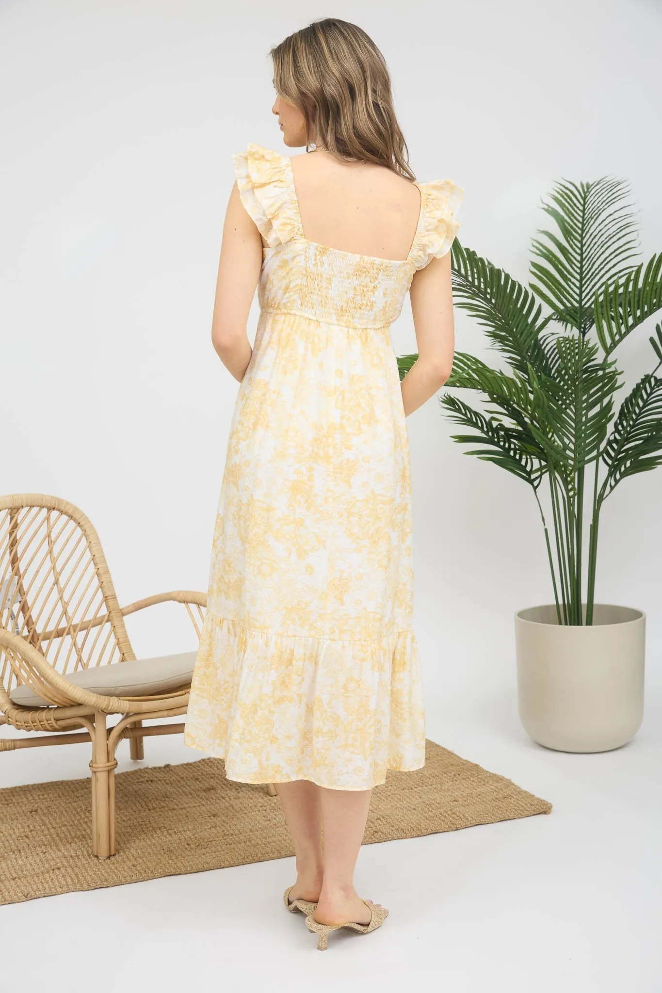 Yellow Floral Ruffle Strap Pleated Bodice Midi Dress sold by Pinkblush product image thumbnail 2