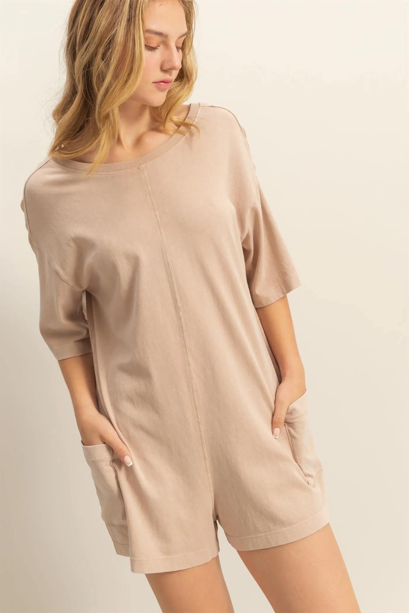 Beige V Back Short Sleeve Pocketed Romper sold by Pinkblush product image thumbnail 2