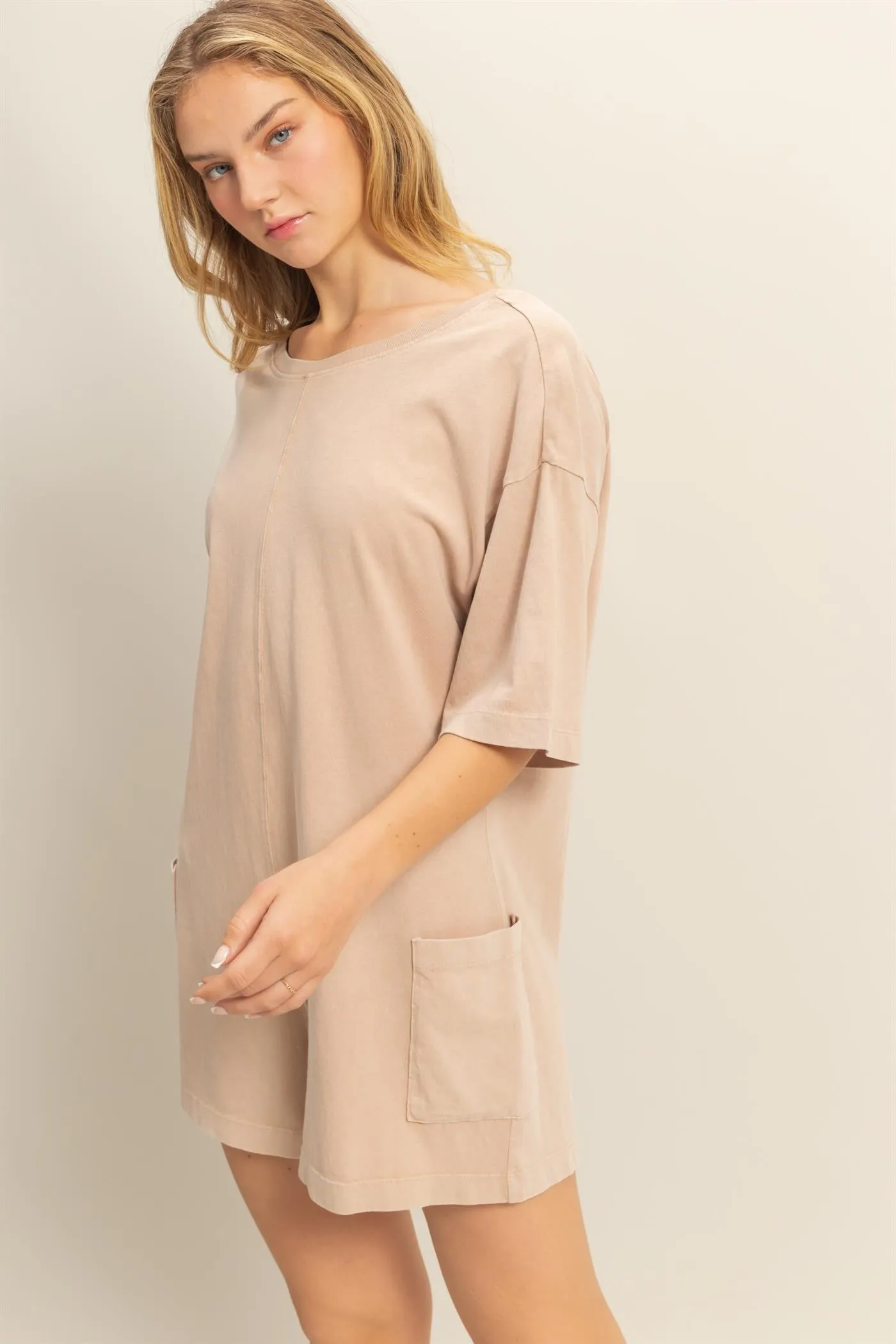 Beige V Back Short Sleeve Pocketed Romper sold by Pinkblush product image thumbnail 3