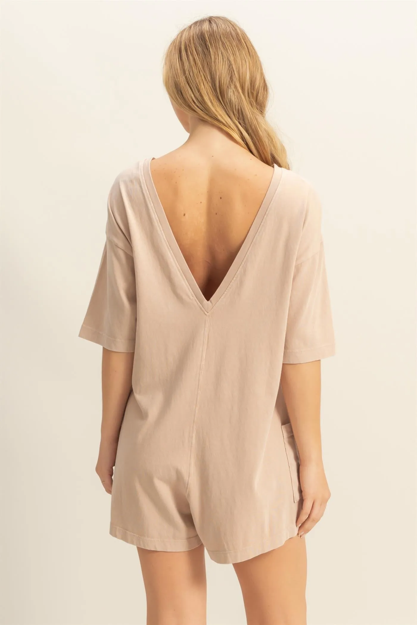 Beige V Back Short Sleeve Pocketed Romper sold by Pinkblush product image thumbnail 4