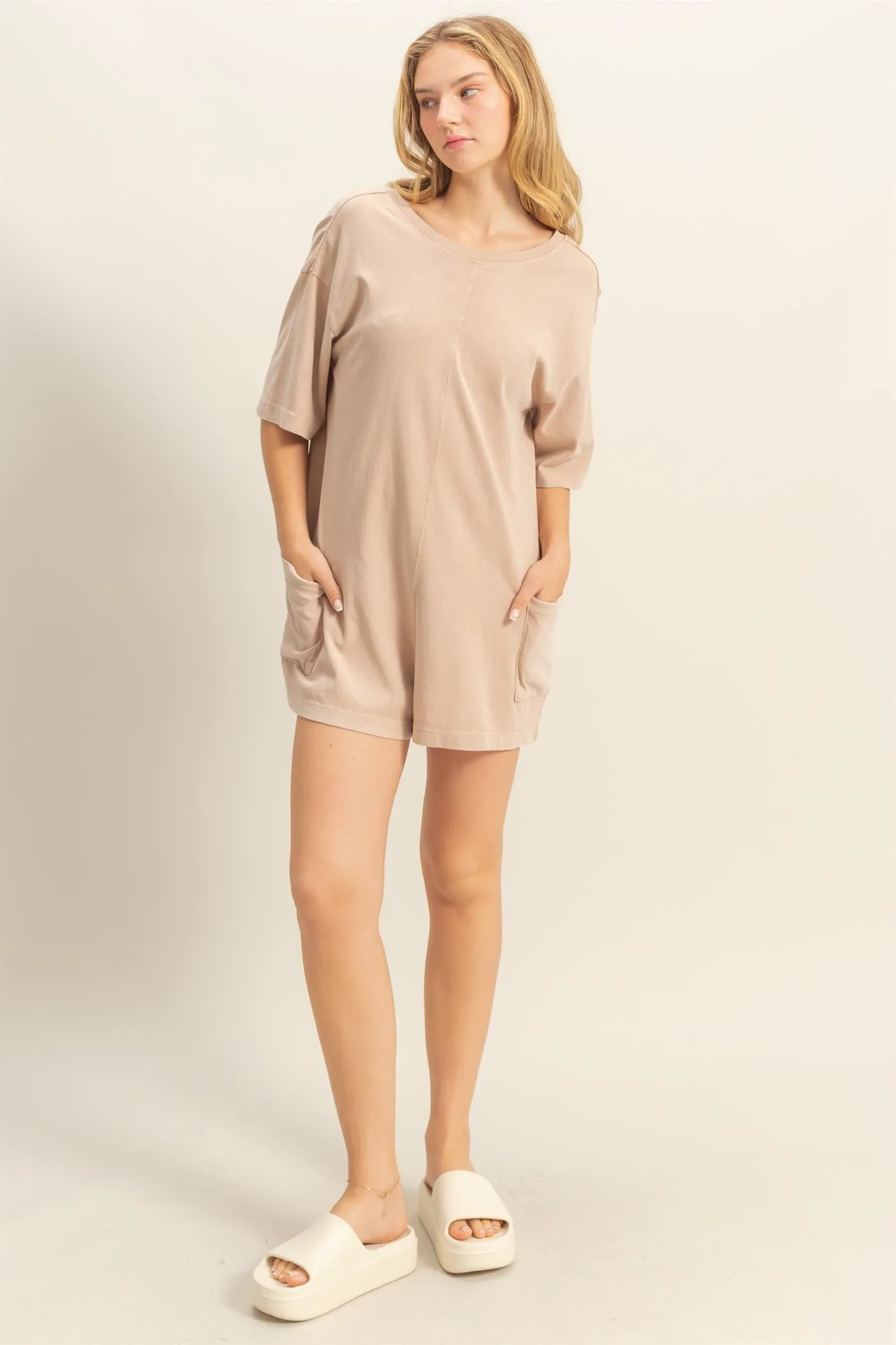 Beige V Back Short Sleeve Pocketed Romper sold by Pinkblush