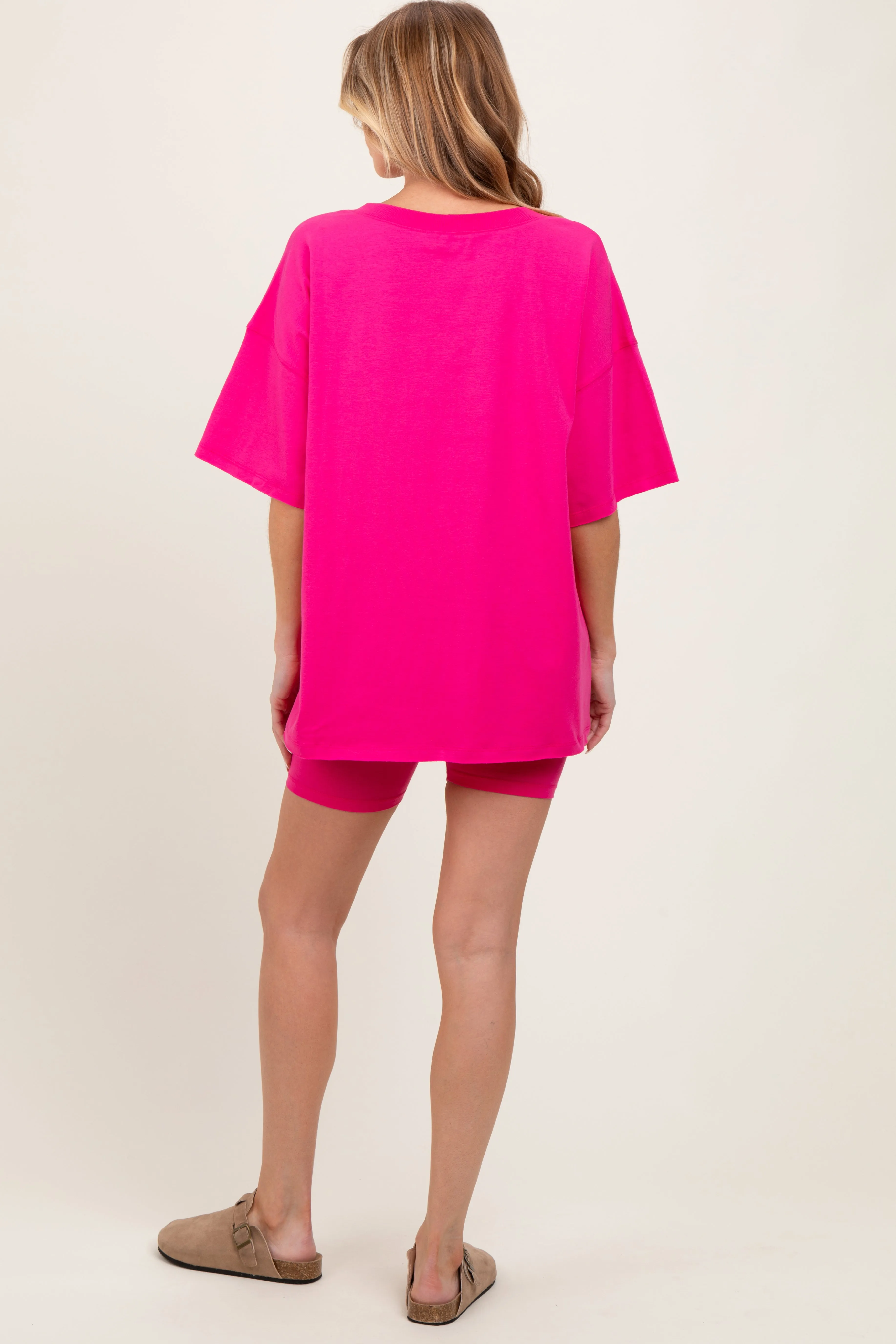 Fuchsia Oversized V-Neck Biker Short Maternity Set sold by Pinkblush product image thumbnail 3