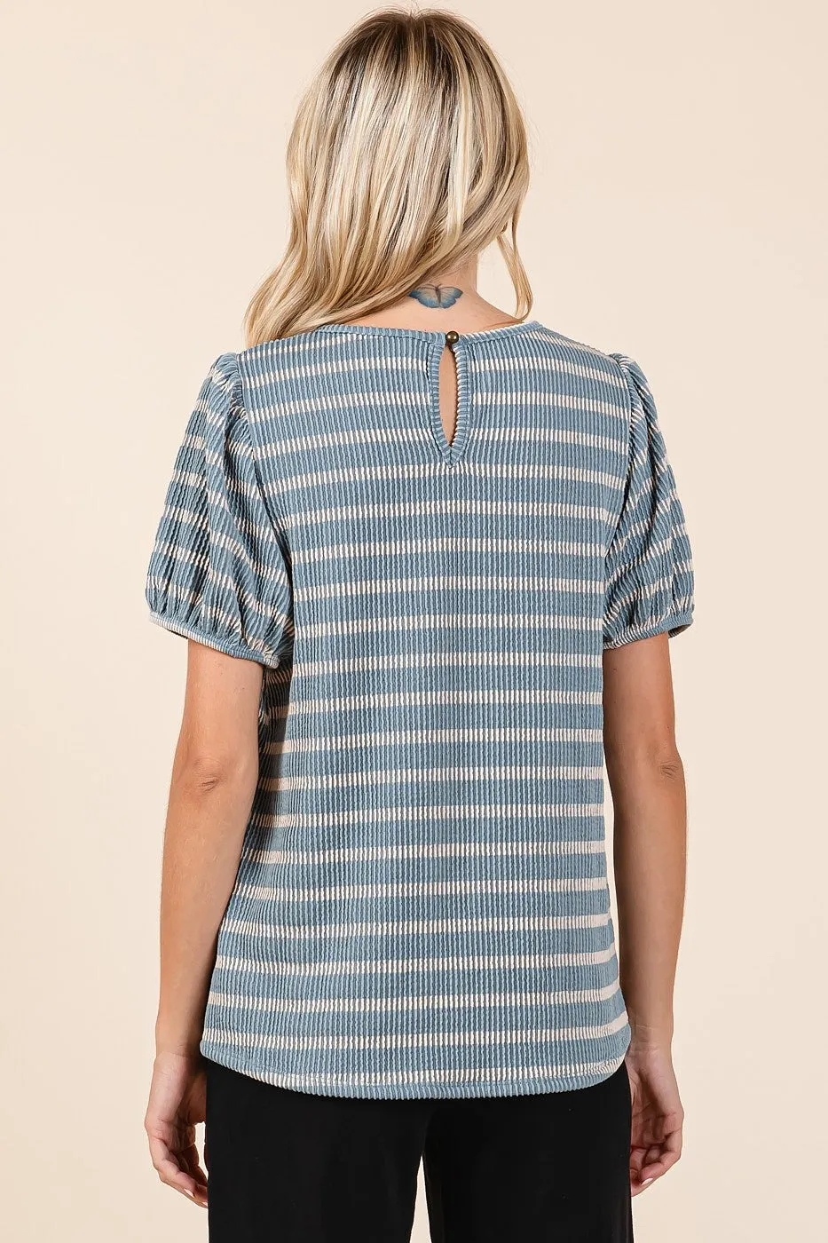Blue Textured Knit Striped Puff Sleeve Top sold by Pinkblush product image thumbnail 4