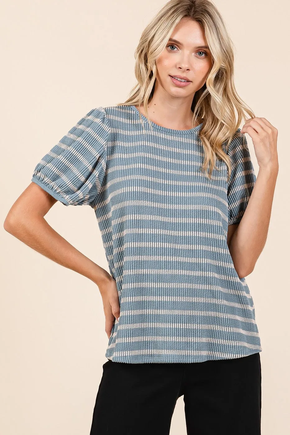 Blue Textured Knit Striped Puff Sleeve Top sold by Pinkblush