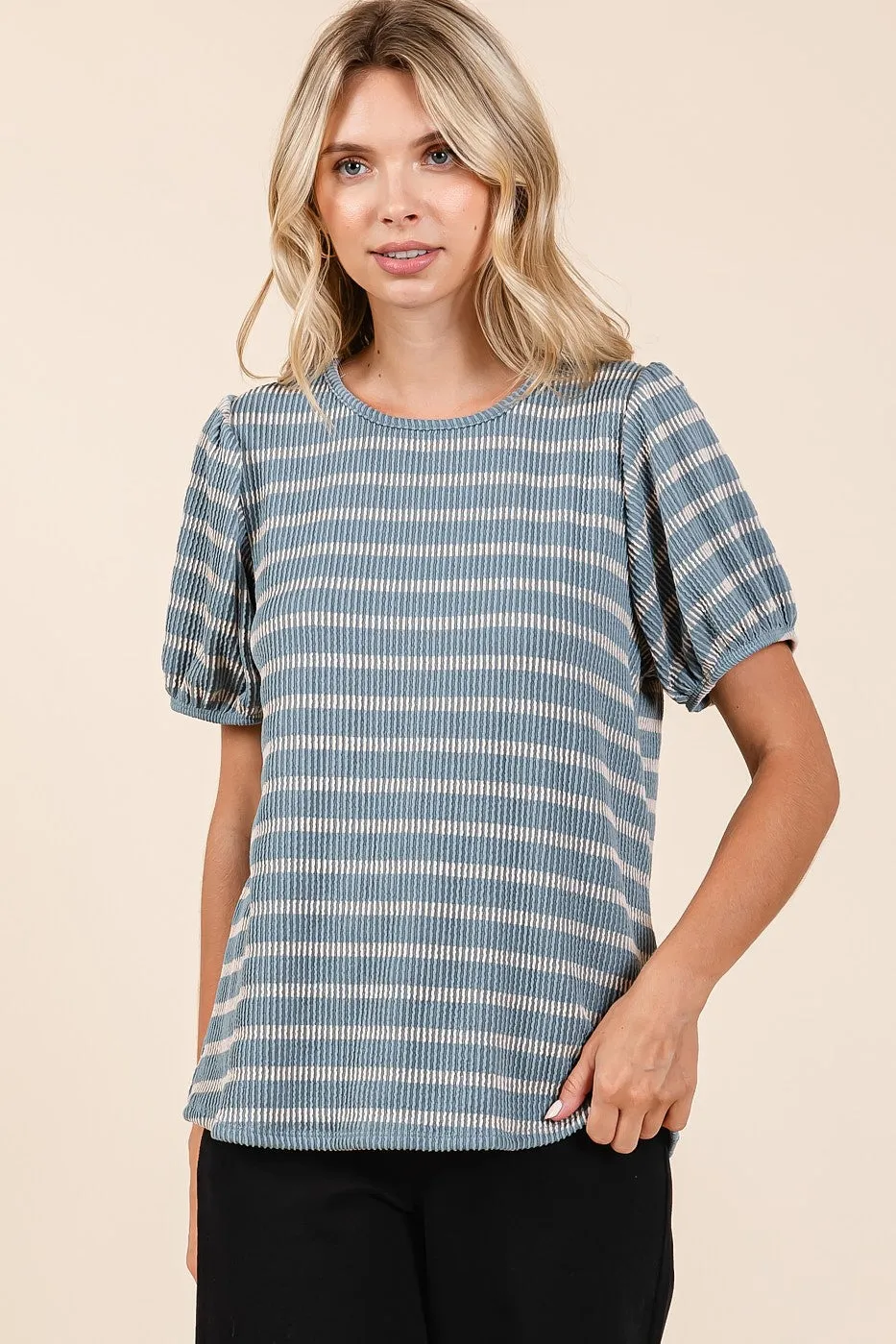 Blue Textured Knit Striped Puff Sleeve Top sold by Pinkblush product image thumbnail 2