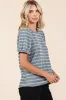 Blue Textured Knit Striped Puff Sleeve Top sold by Pinkblush