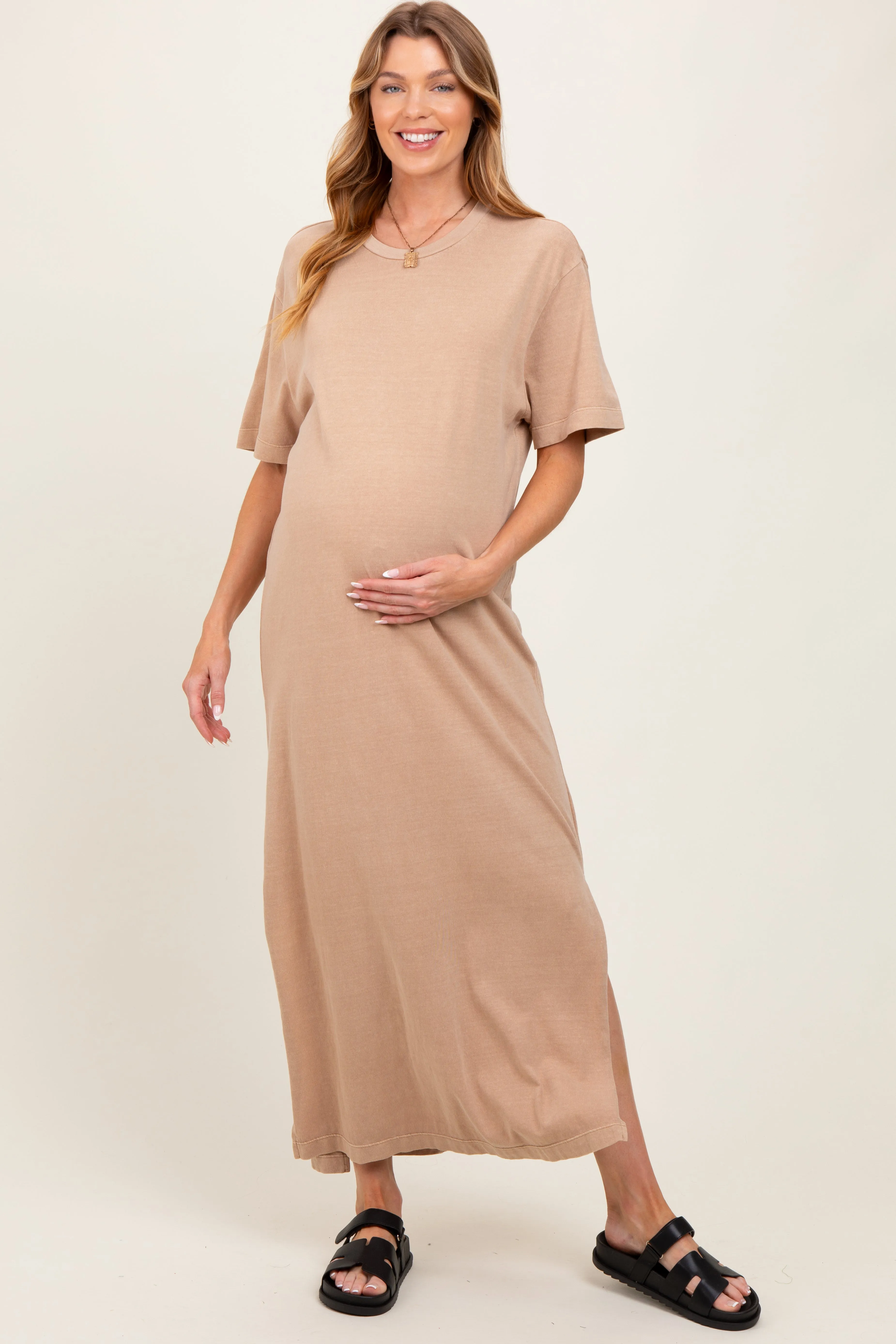 Taupe Short Sleeve Knit T-Shirt Maternity Maxi Dress sold by Pinkblush