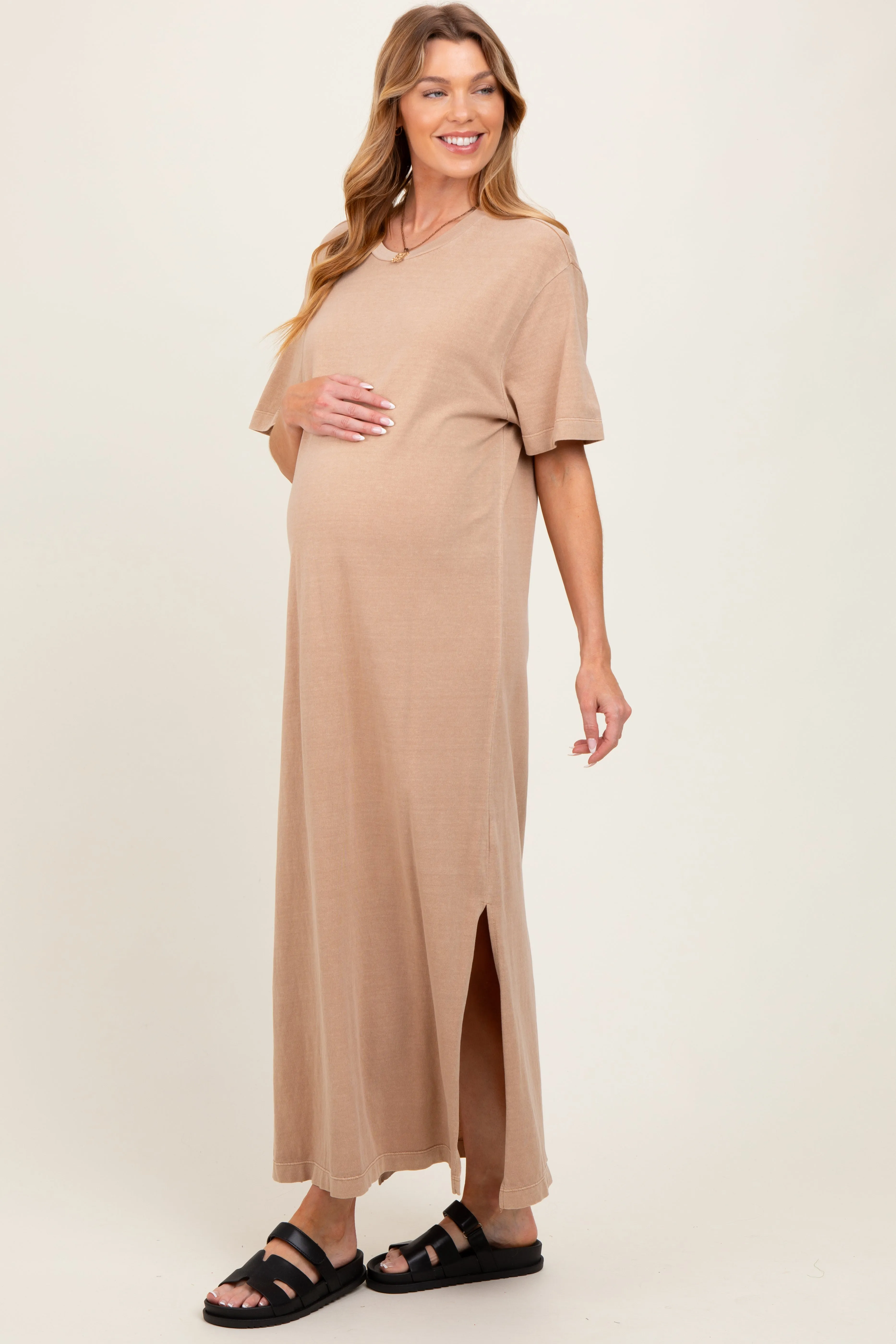 Taupe Short Sleeve Knit T-Shirt Maternity Maxi Dress sold by Pinkblush product image thumbnail 2