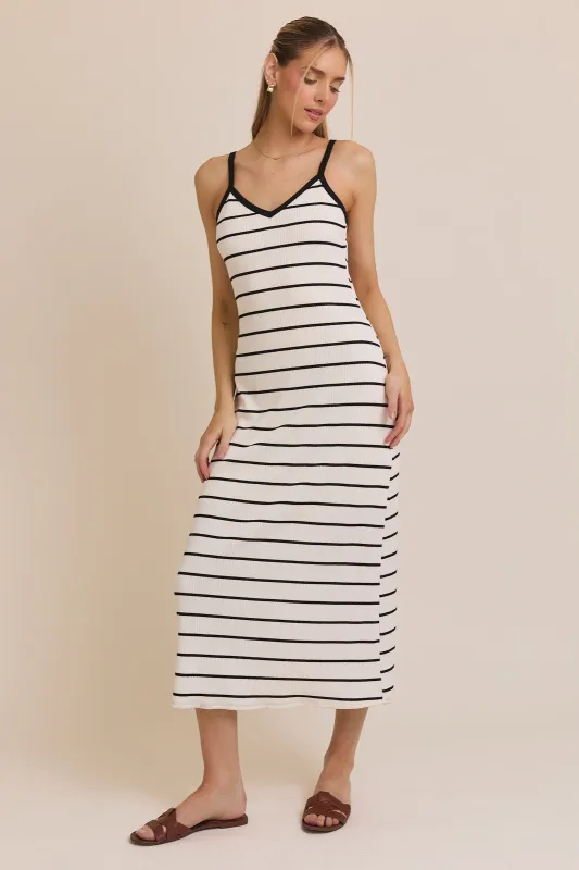 White Striped Ribbed Adjustable Strap Midi Dress sold by Pinkblush