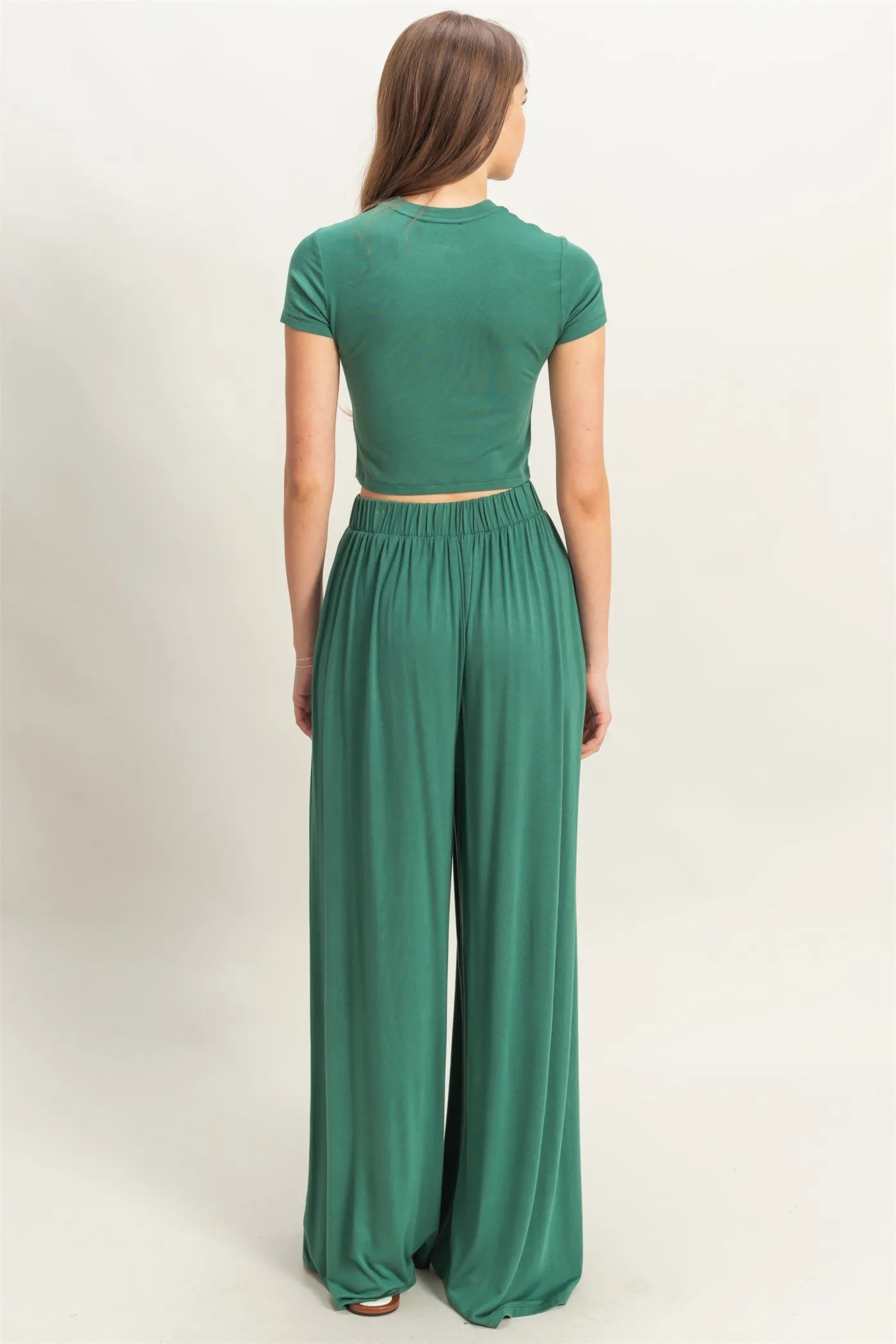 Emerald Green Cropped Short Sleeve Wide Leg Pants Set sold by Pinkblush product image thumbnail 3