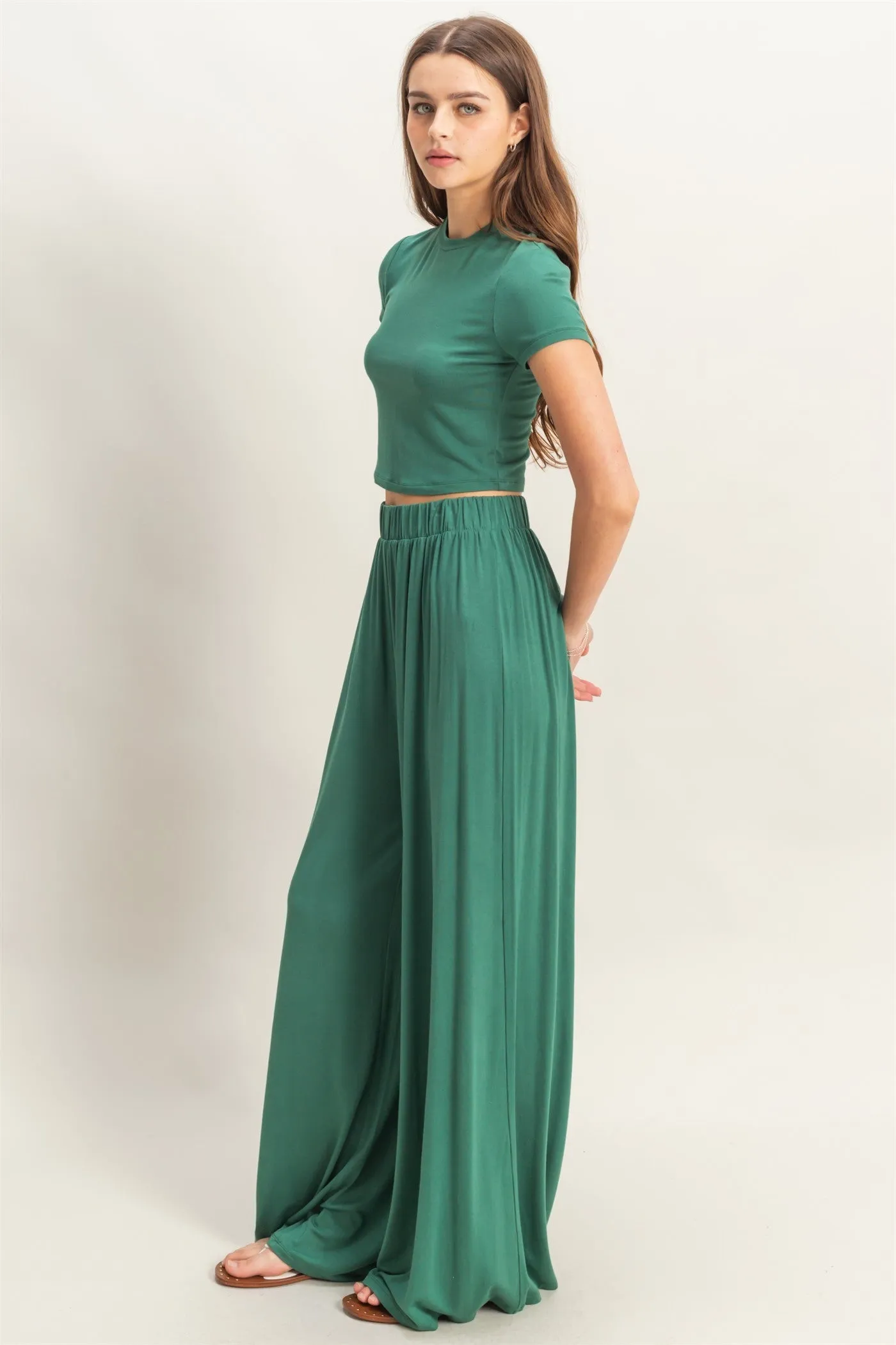 Emerald Green Cropped Short Sleeve Wide Leg Pants Set sold by Pinkblush product image thumbnail 2