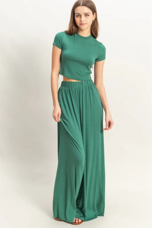 Emerald Green Cropped Short Sleeve Wide Leg Pants Set sold by Pinkblush