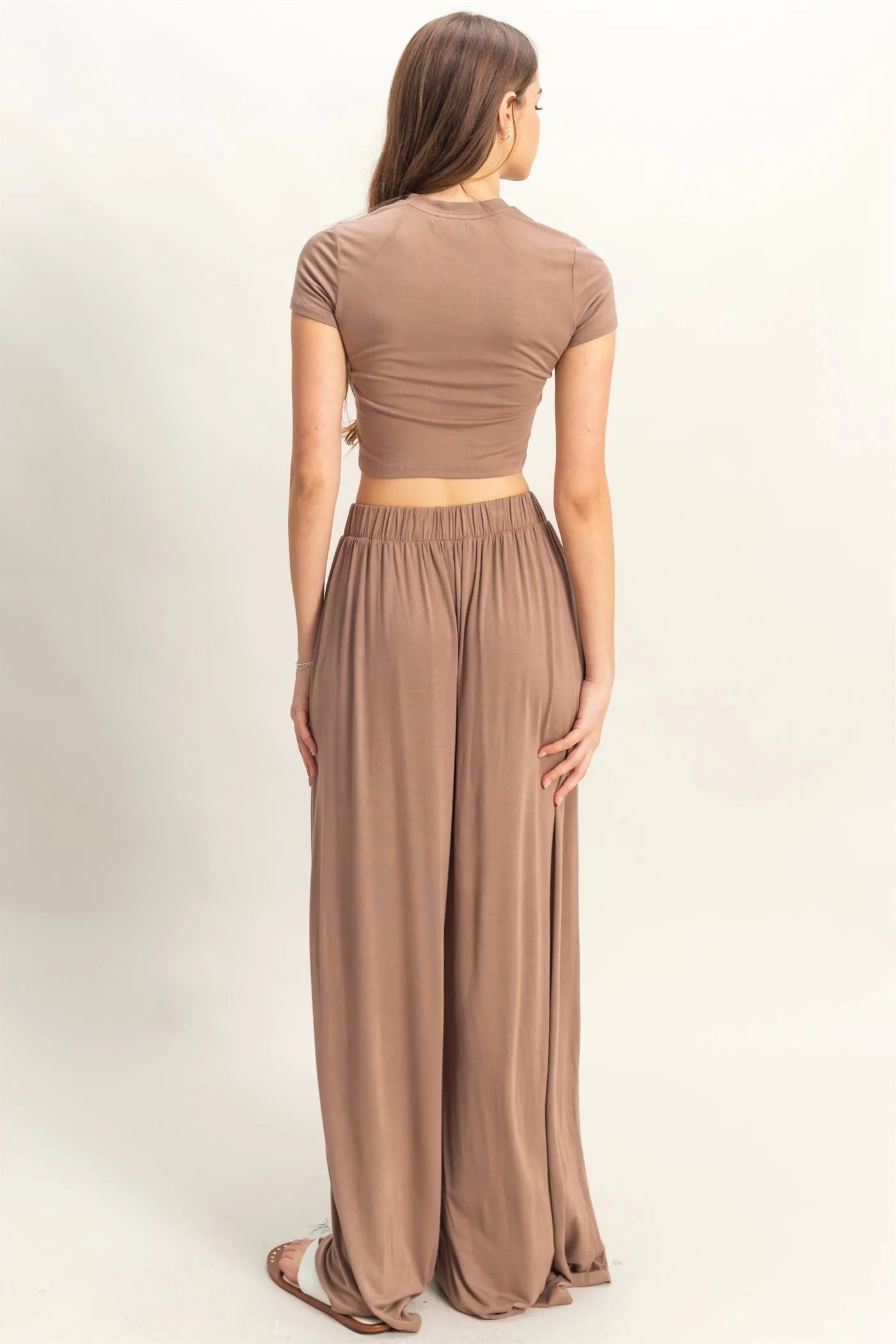 Mocha Cropped Short Sleeve Wide Leg Pants Set sold by Pinkblush product image thumbnail 2