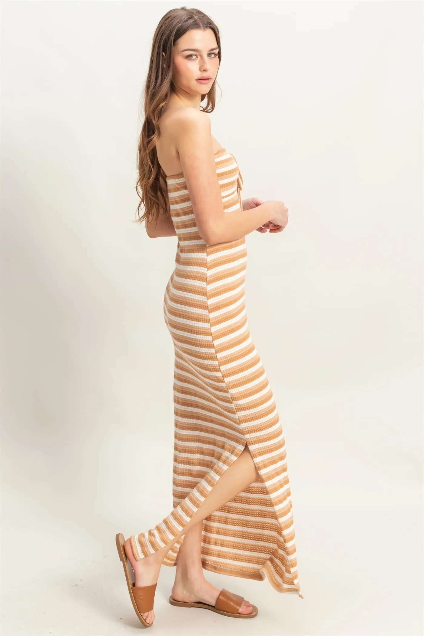 Camel Striped Knit Strapless Side Slit Maxi Dress sold by Pinkblush product image thumbnail 2