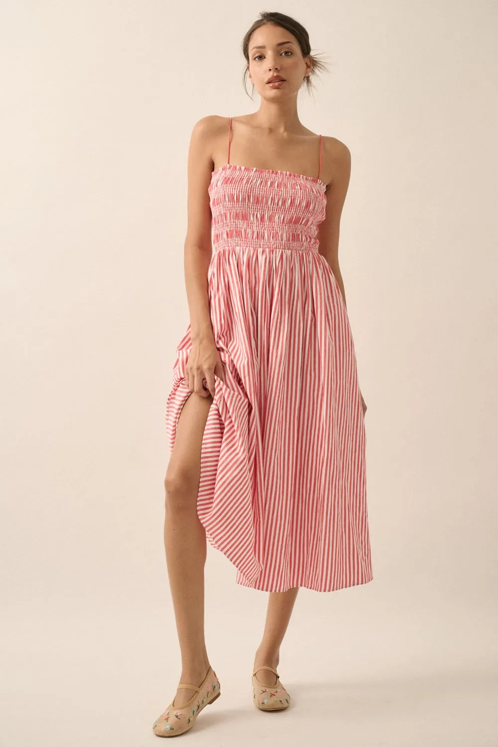 Red Striped Smocked Midi Dress sold by Pinkblush
