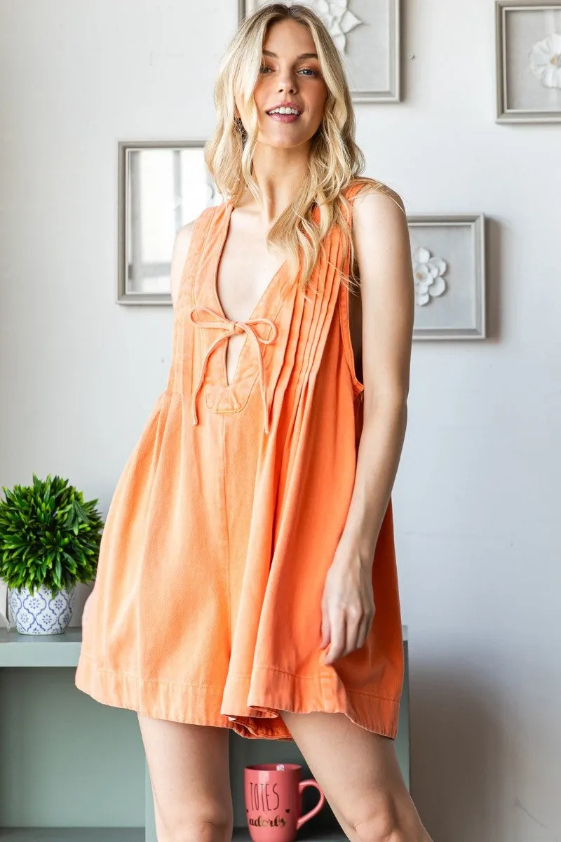 Orange Deep V-Neck Pleated Front Tie Sleeveless Romper sold by Pinkblush
