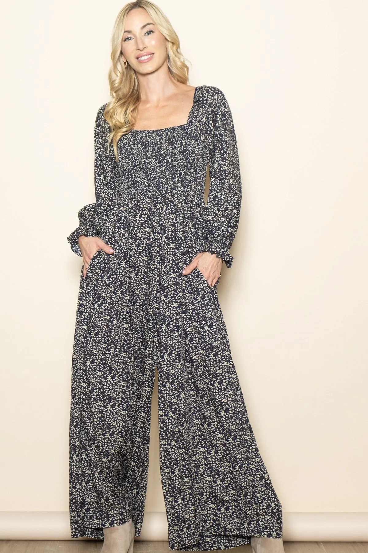 Navy Floral Long Sleeve Wide Leg Jumpsuit sold by Pinkblush product image thumbnail 4