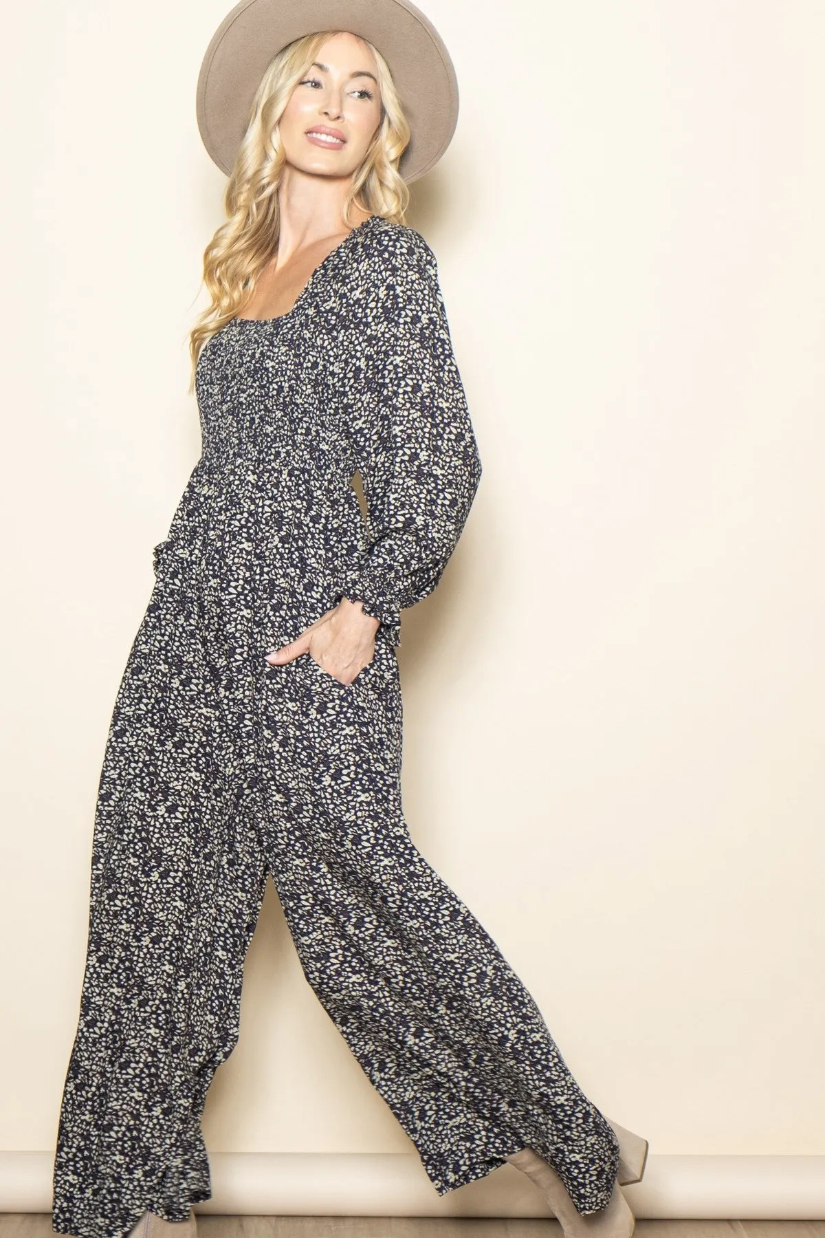 Navy Floral Long Sleeve Wide Leg Jumpsuit sold by Pinkblush product image thumbnail 2