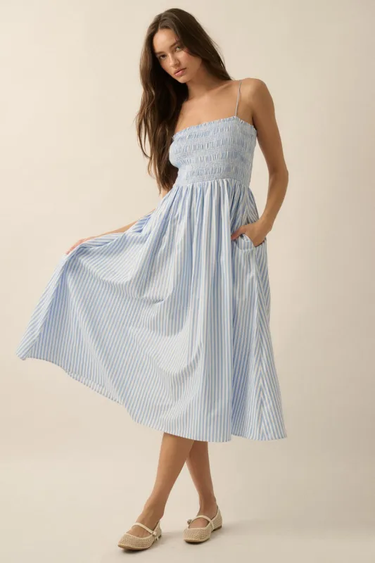 Blue Striped Smocked Midi Dress sold by Pinkblush