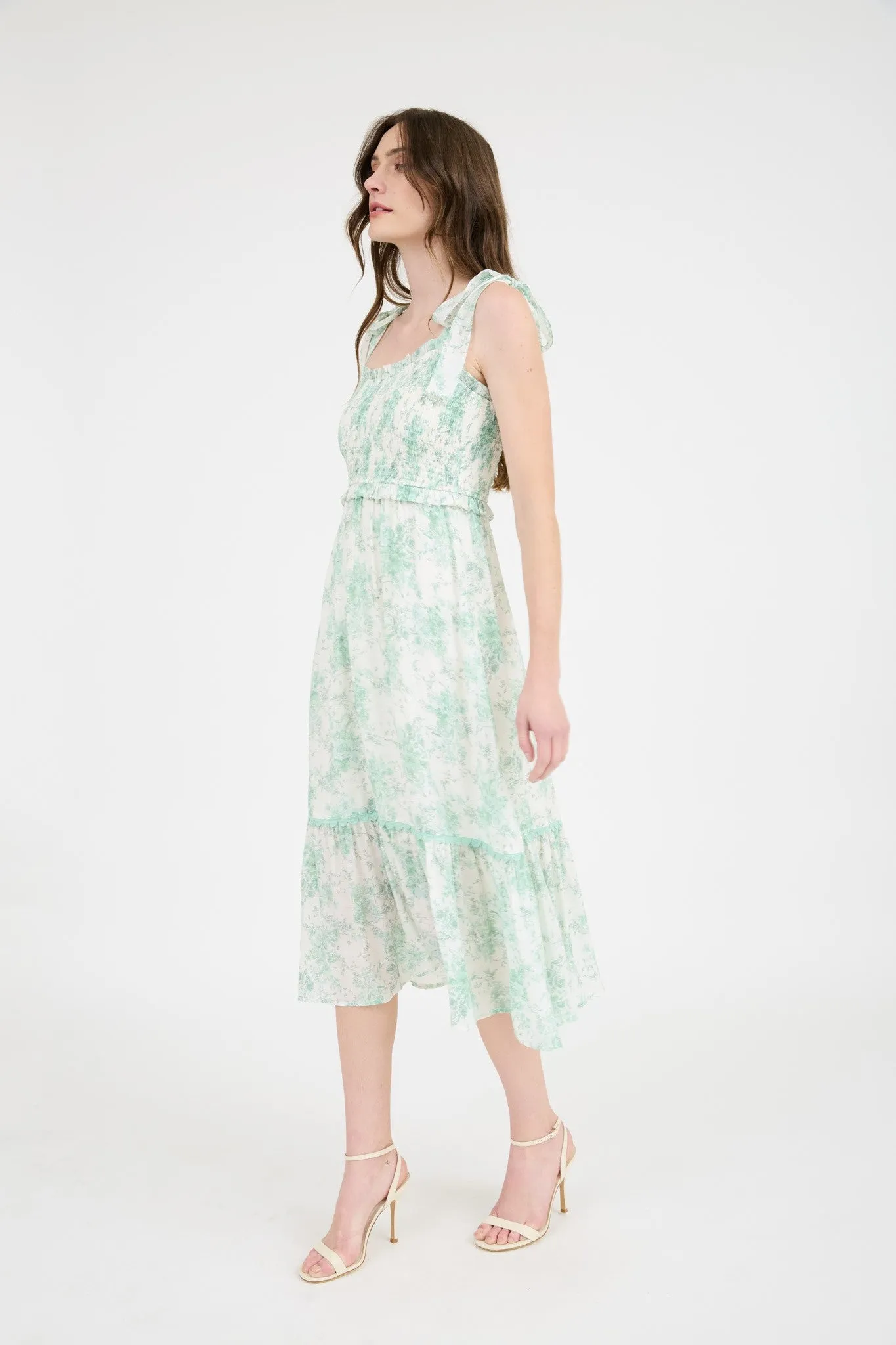Mint Floral Smocked Shoulder Tie Midi Dress sold by Pinkblush product image thumbnail 2