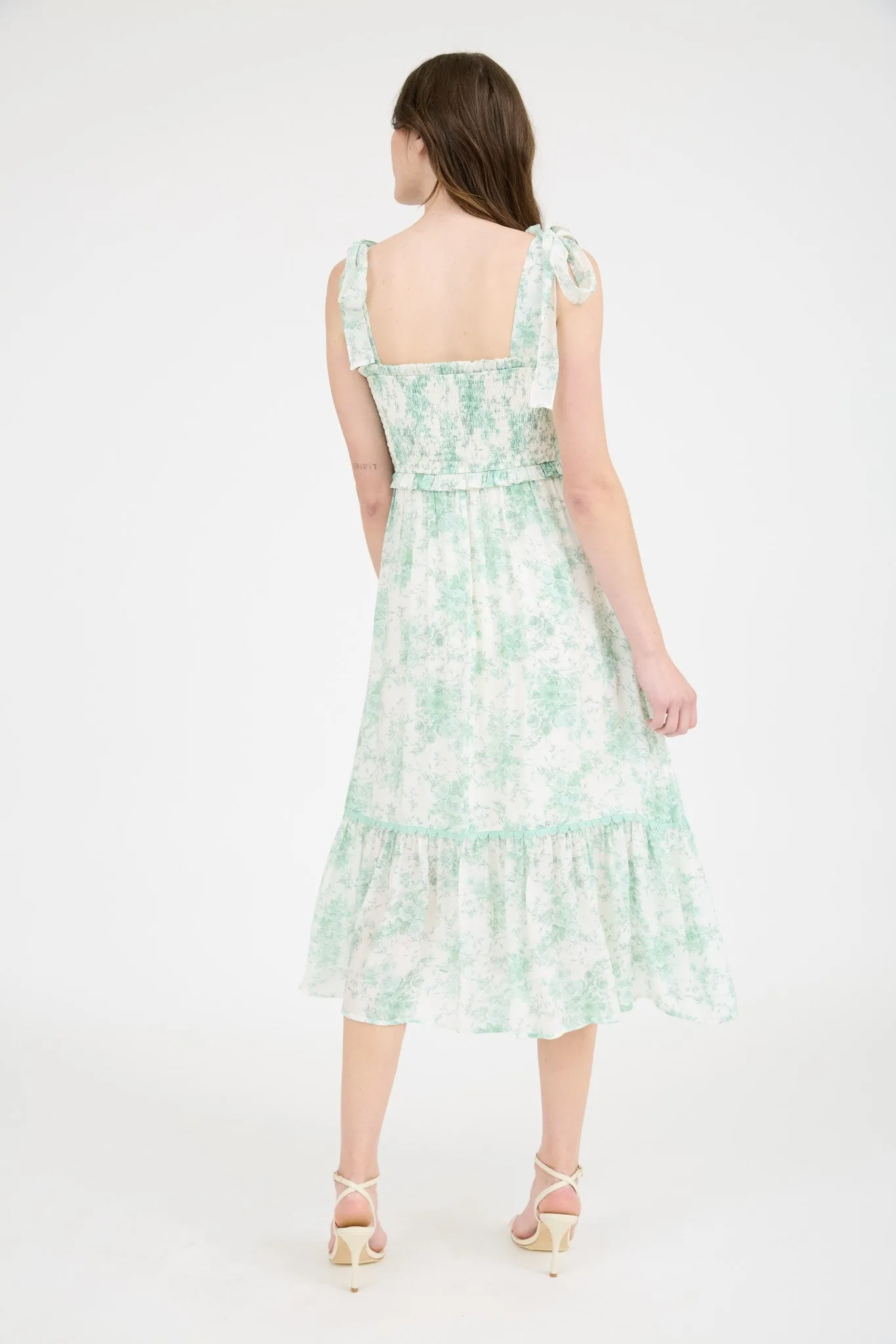 Mint Floral Smocked Shoulder Tie Midi Dress sold by Pinkblush product image thumbnail 3