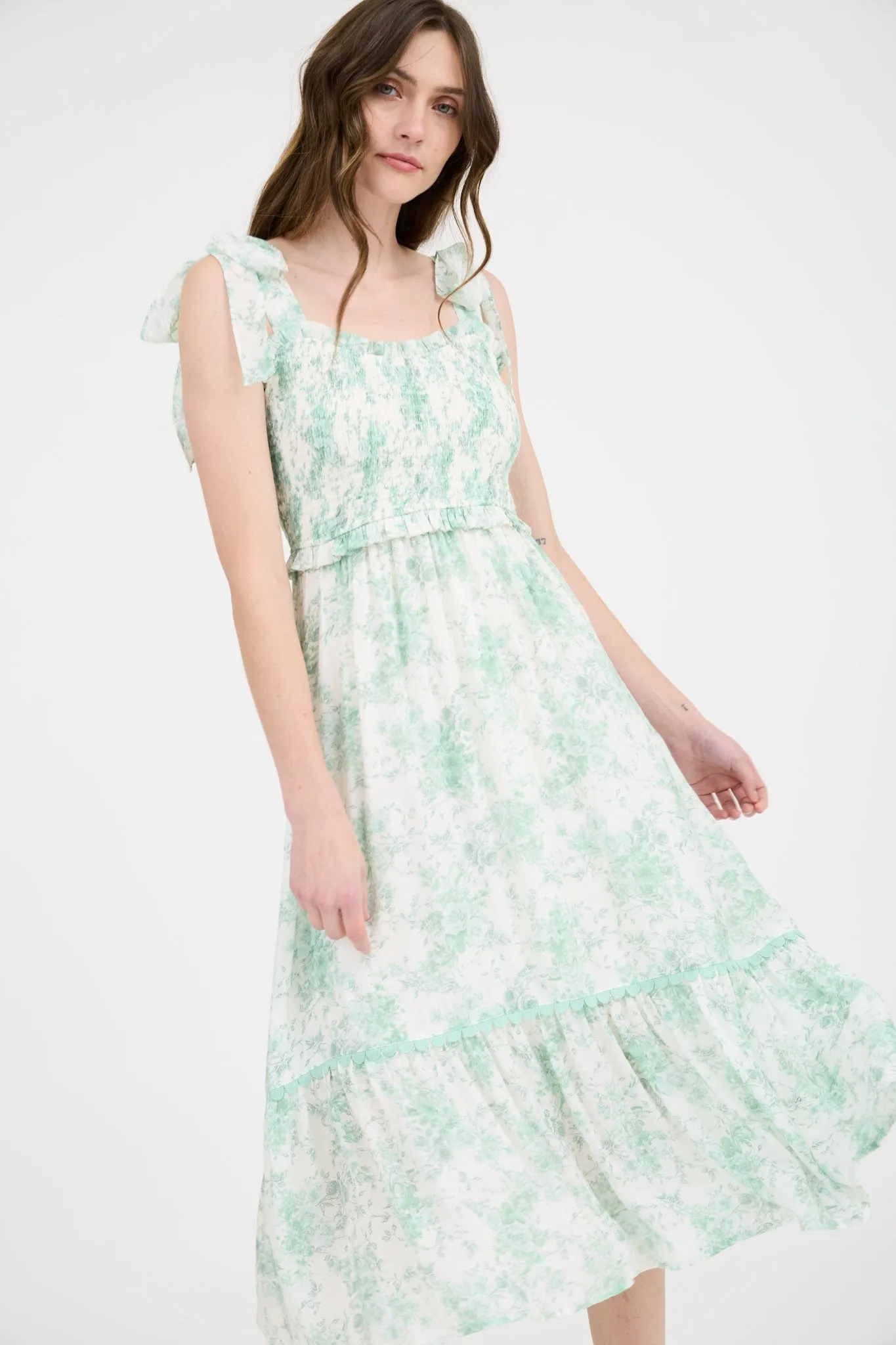 Mint Floral Smocked Shoulder Tie Midi Dress sold by Pinkblush product image thumbnail 4