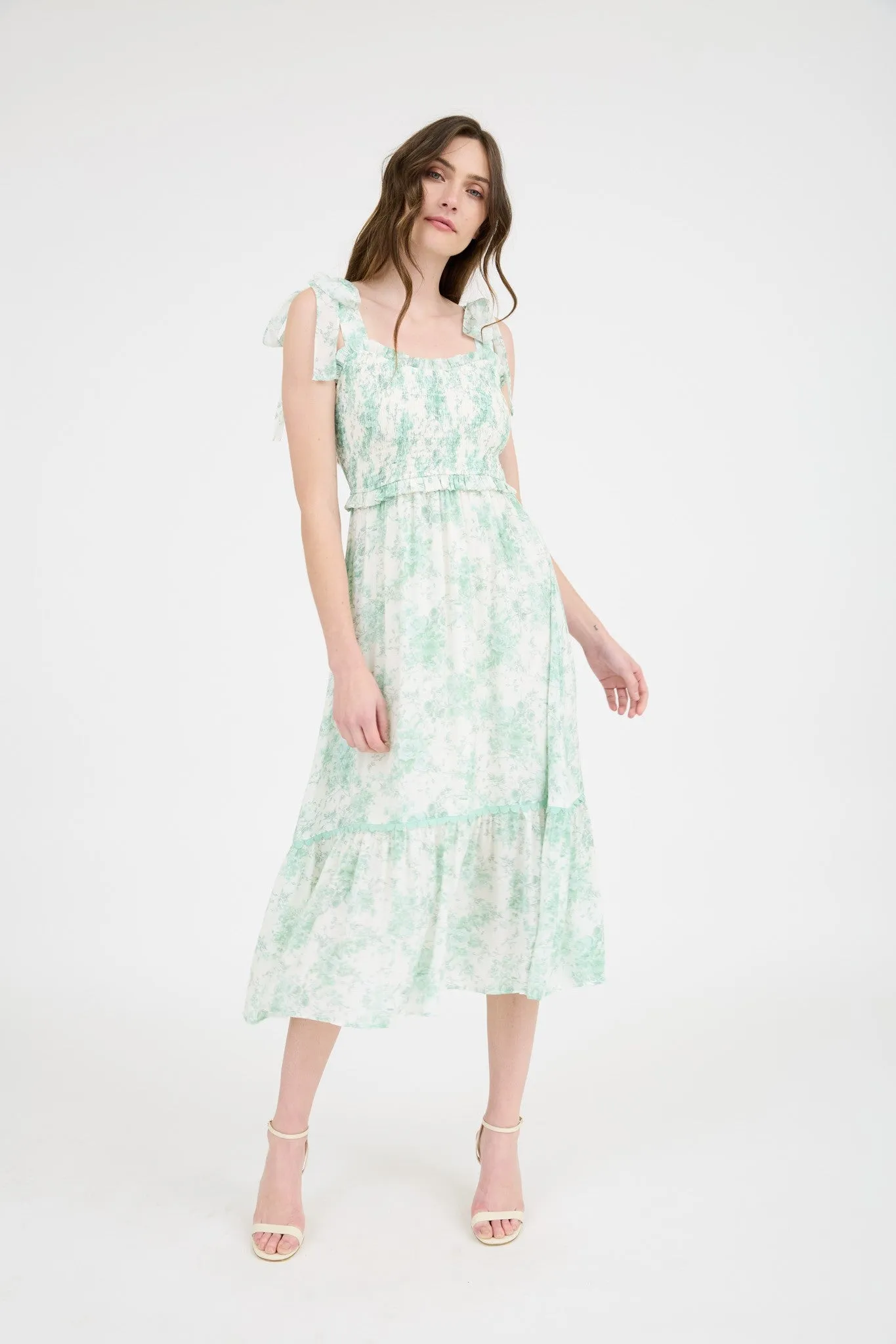 Mint Floral Smocked Shoulder Tie Midi Dress sold by Pinkblush