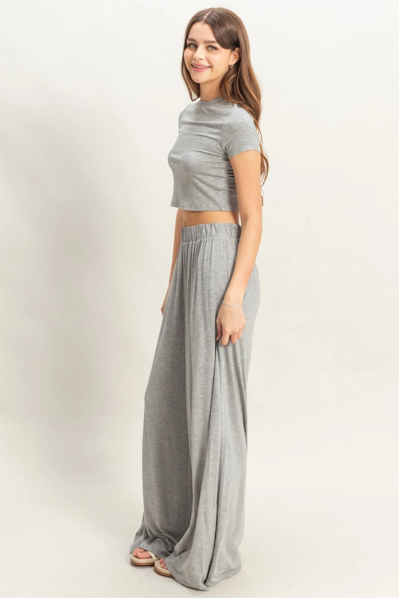 Heather Grey Cropped Short Sleeve Wide Leg Pants Set sold by Pinkblush product image thumbnail 2