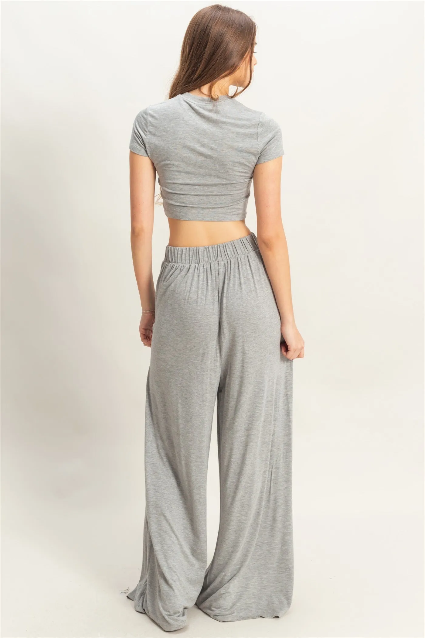 Heather Grey Cropped Short Sleeve Wide Leg Pants Set sold by Pinkblush product image thumbnail 3